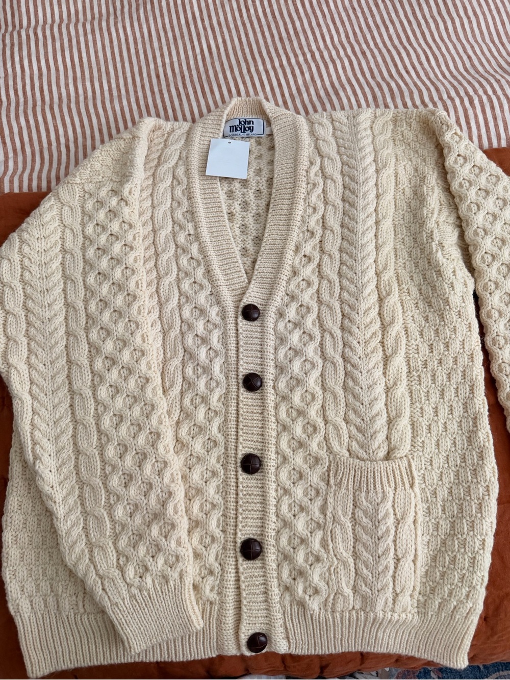 John Molloy Cream Cable-Knit Men’s Cardigan Made in Ireland 100% Wool